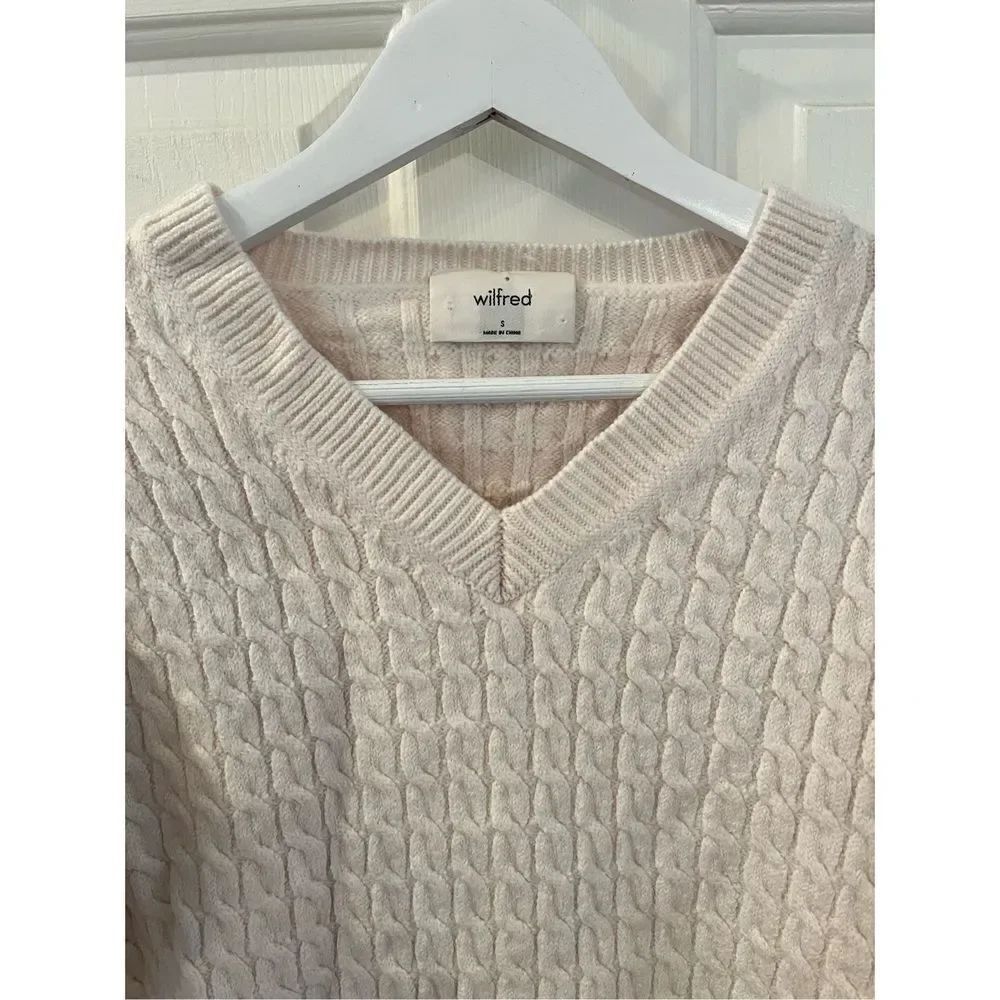 Wilfred by Aritzia Cream Wool Cable Knit V-Neck Sweater sz S